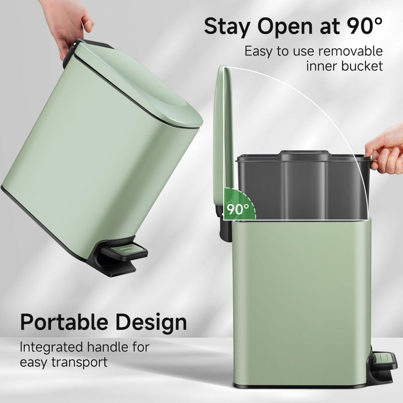 TIPGO Slim Bathroom Trash Can with Lid Soft Close, 6 Liter / 1.6 Gallon Stainless Steel Garbage Can with Removable Inner Bucket, Step Pedal, Small Trash Cans for Bedroom, Office, Kitchen (Green) - Image 3