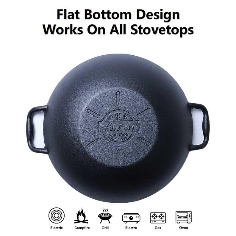 Keleday Flat Bottom Cast Iron Wok with Lid 14 Inch,Pre-Seasoned Best Non Toxic Wok,Chinese Japanese Wok double handle for Induction and Open Fire - Image 5