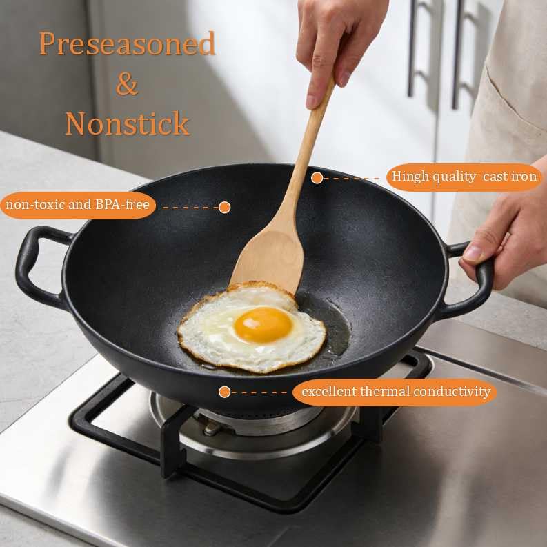 Keleday Flat Bottom Cast Iron Wok with Lid 14 Inch,Pre-Seasoned Best Non Toxic Wok,Chinese Japanese Wok double handle for Induction and Open Fire - Image 3
