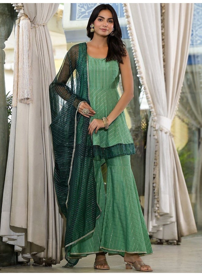 AKS AKS Couture Checked Empire Sequinned Pure Cotton A-Line Kurti with Sharara & Dupatta  - Image 4