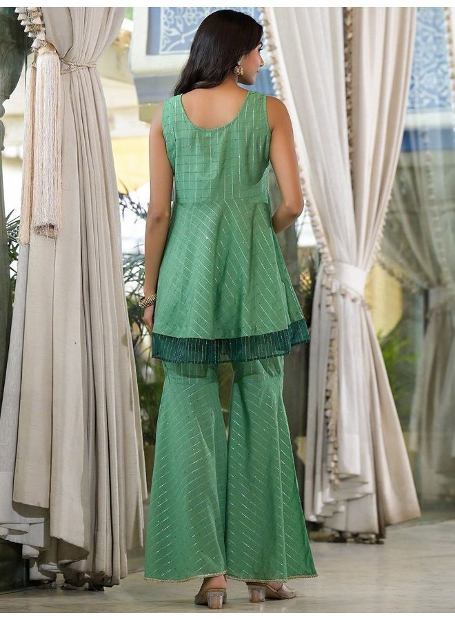AKS AKS Couture Checked Empire Sequinned Pure Cotton A-Line Kurti with Sharara & Dupatta  - Image 5