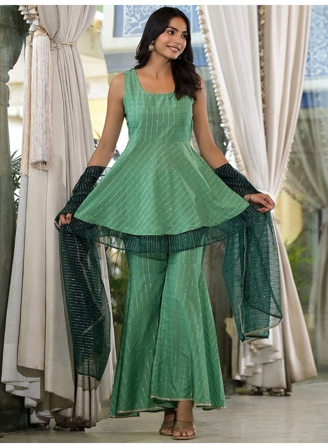 AKS Couture Checked Empire Sequinned Pure Cotton A-Line Kurti with Sharara & Dupatta