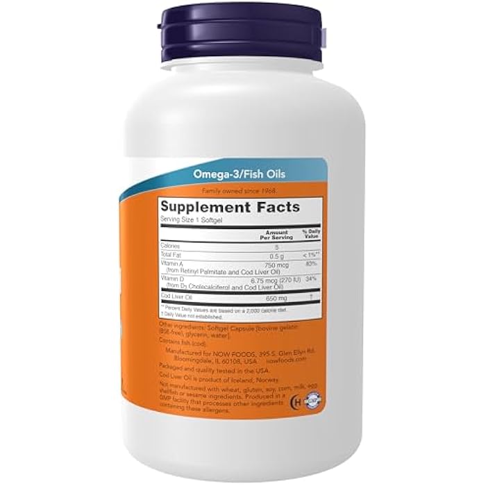now Supplements, Cod Liver Oil 650 mg, Excellent Source of Vitamins A and D-3, 250 Softgels - Image 2