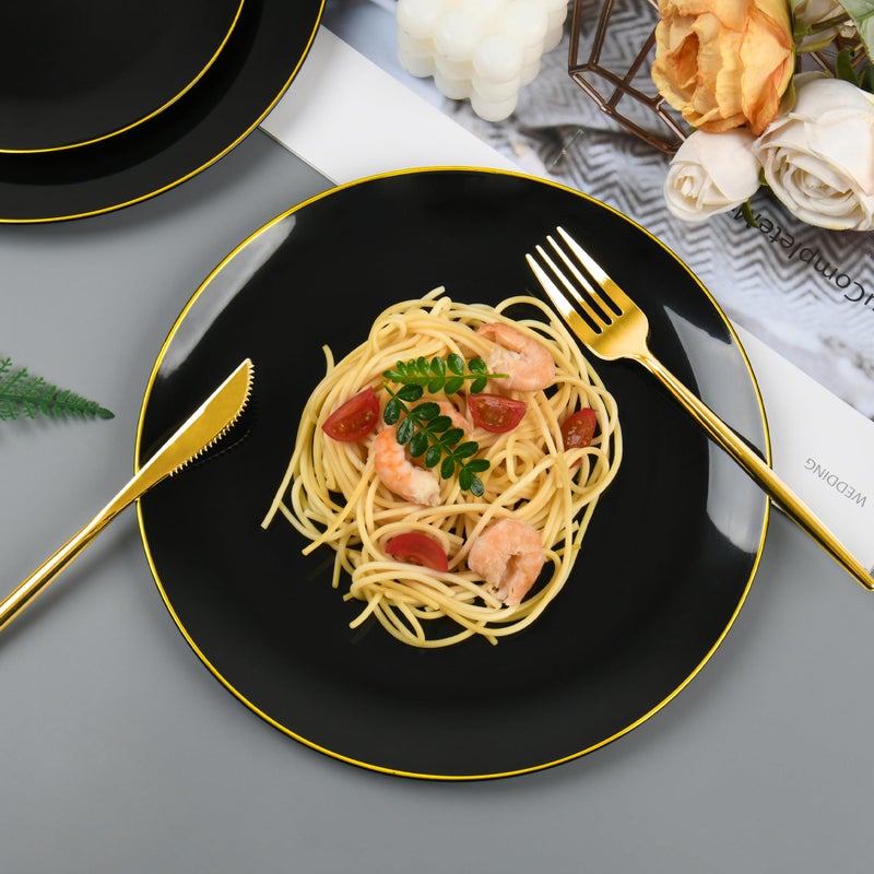 I00000 150Pcs Black Plastic Plates Heavy Duty Black Plates for 30 Guests Plastic Dinnerware Set Include 30 Dinner Plate 30 Dessert Plate 90 Gold Cutlery Set for Party - Image 2