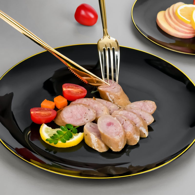 I00000 150Pcs Black Plastic Plates Heavy Duty Black Plates for 30 Guests Plastic Dinnerware Set Include 30 Dinner Plate 30 Dessert Plate 90 Gold Cutlery Set for Party - Image 3
