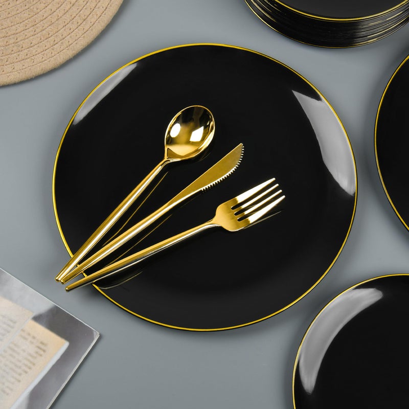 I00000 150Pcs Black Plastic Plates Heavy Duty Black Plates for 30 Guests Plastic Dinnerware Set Include 30 Dinner Plate 30 Dessert Plate 90 Gold Cutlery Set for Party - Image 5