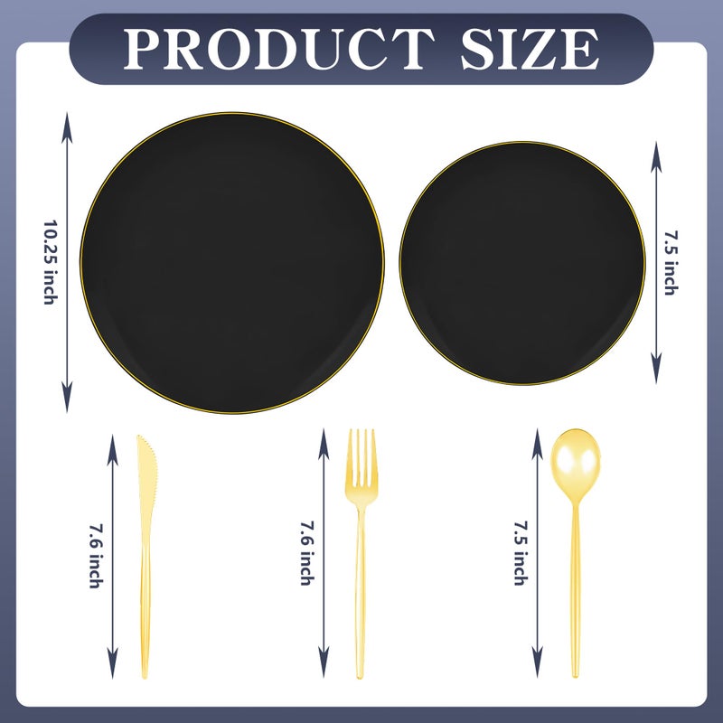 I00000 150Pcs Black Plastic Plates Heavy Duty Black Plates for 30 Guests Plastic Dinnerware Set Include 30 Dinner Plate 30 Dessert Plate 90 Gold Cutlery Set for Party - Image 4