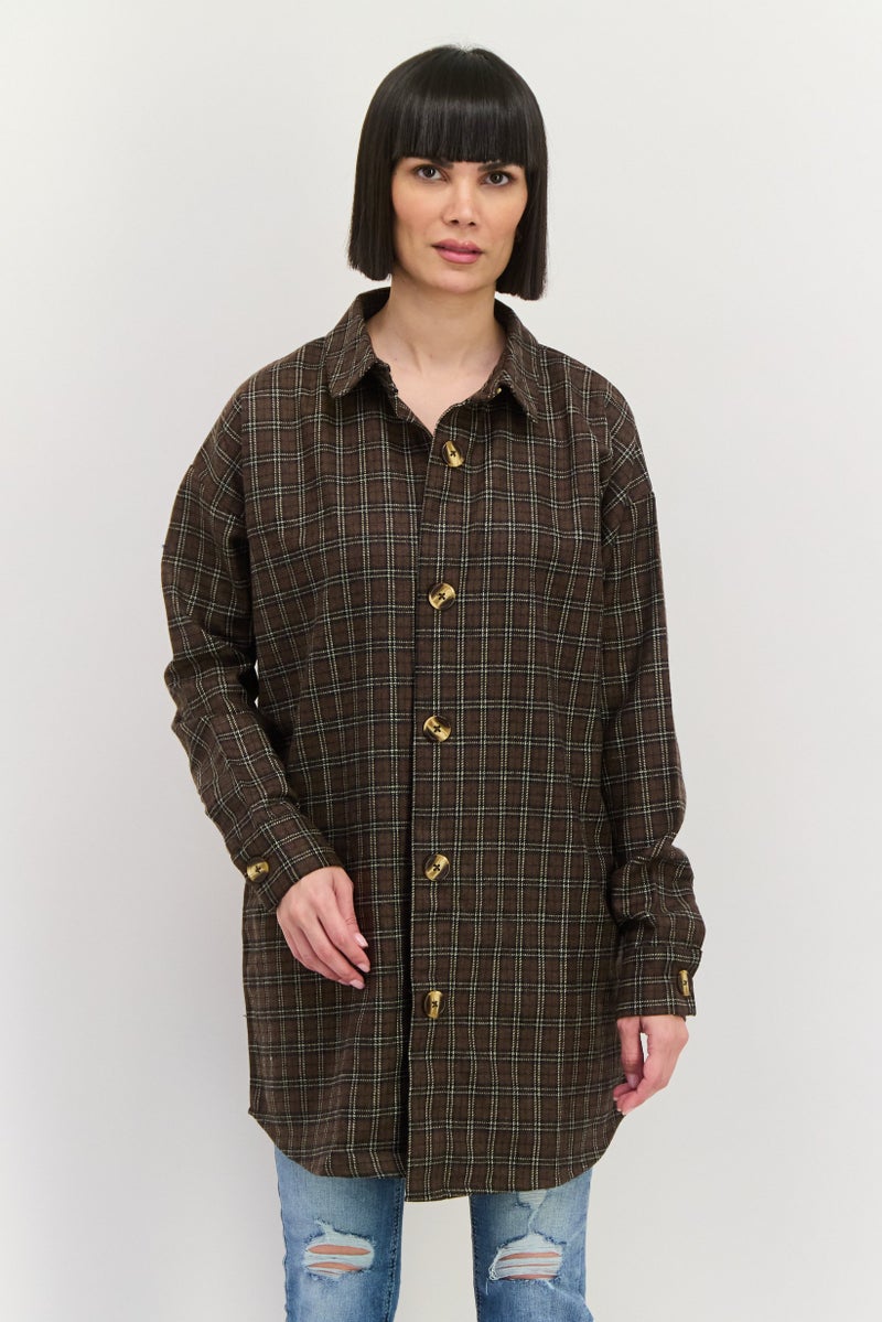 Heartbreak Women Oversized Plaid Shirt Jacket, Brown - Image 1