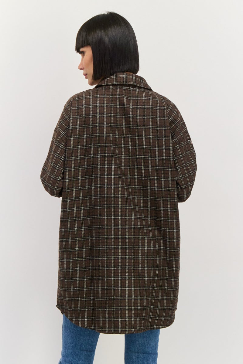 Heartbreak Women Oversized Plaid Shirt Jacket, Brown - Image 3