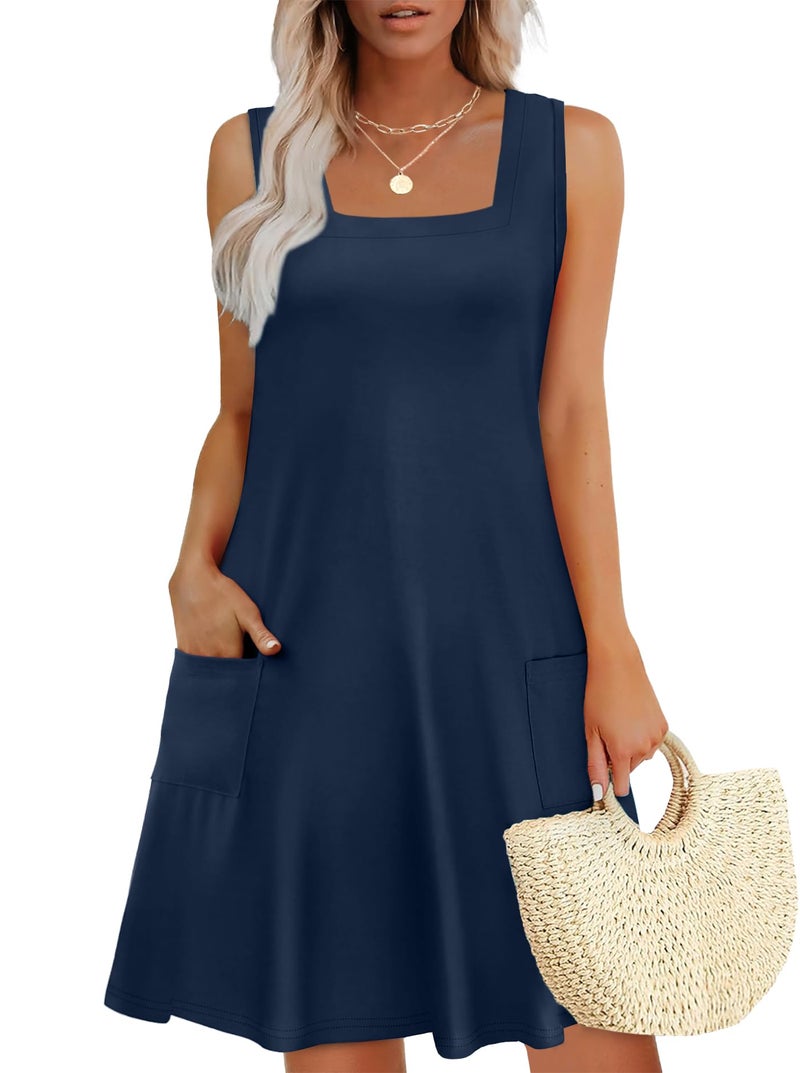 OFEEFAN Womens Spring Summer Dresses 2026 Sundresses Casual Boho Beach Vacation Clothes Cruise Outfits Plain Navy Blue L - Image 2
