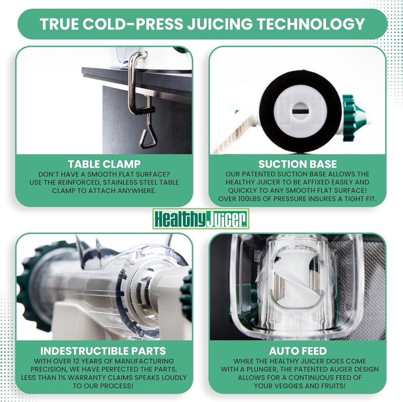 Healthy Juicer ORIGINAL Healthy Juicer - Wheatgrass & Leafy Green Manual Juicer | Easy-to-Clean Cold Press Juicer | Original Since 2004 - Masticating Technology - Image 5