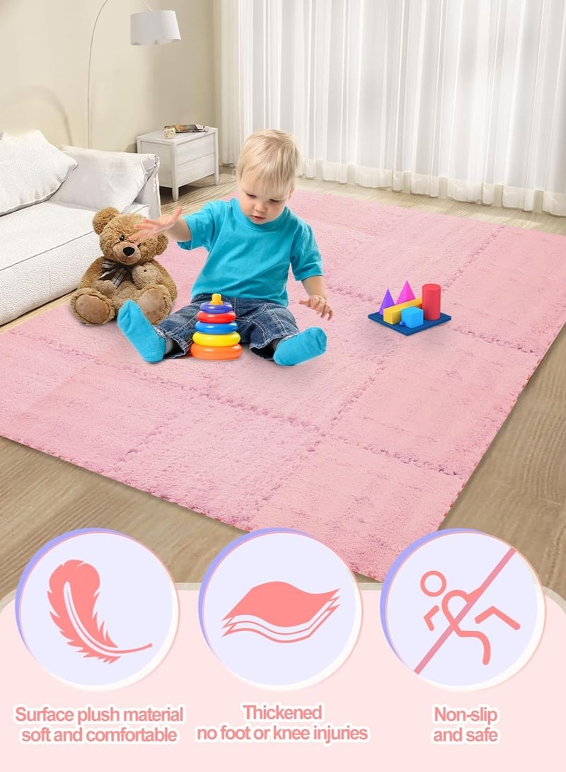 Jorunb 12 pcs Thickened Plush Foam Interlocking Floor Mats, Interlocking Foam Tiles with Edgings for Kids, Soft Anti-Slip Puzzle Area Square Rug Playmat for Children Room Flat (10", Pink) - Image 2