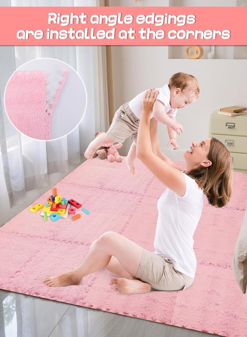Jorunb 12 pcs Thickened Plush Foam Interlocking Floor Mats, Interlocking Foam Tiles with Edgings for Kids, Soft Anti-Slip Puzzle Area Square Rug Playmat for Children Room Flat (10", Pink) - Image 4