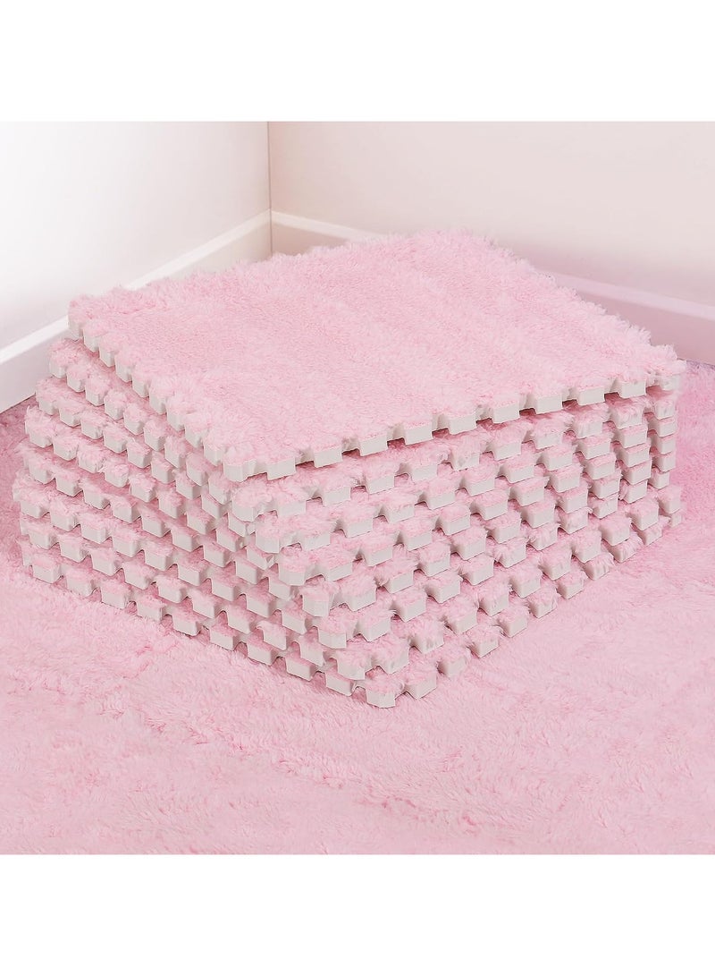 Jorunb 12 pcs Thickened Plush Foam Interlocking Floor Mats, Interlocking Foam Tiles with Edgings for Kids, Soft Anti-Slip Puzzle Area Square Rug Playmat for Children Room Flat (10", Pink) - Image 1