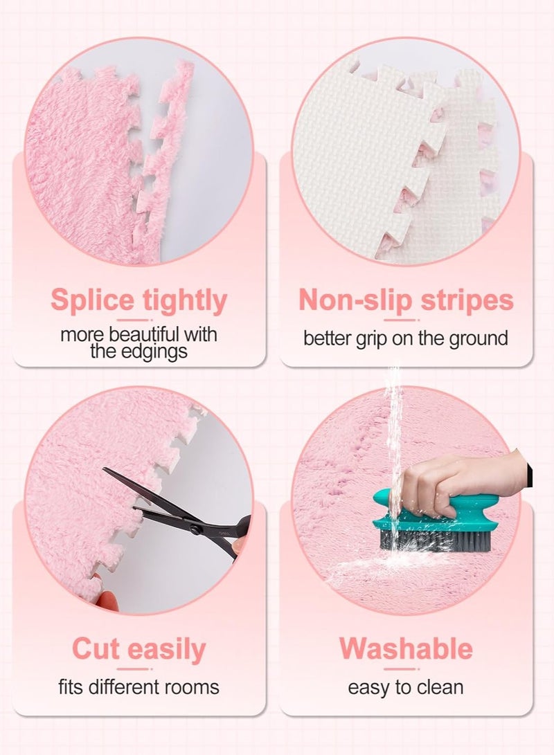 Jorunb 12 pcs Thickened Plush Foam Interlocking Floor Mats, Interlocking Foam Tiles with Edgings for Kids, Soft Anti-Slip Puzzle Area Square Rug Playmat for Children Room Flat (10", Pink) - Image 3