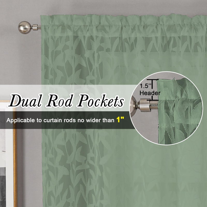 Lecloud Leia 36 Inch Sheer Curtains Sage Green Tiers for Kitchen 2 Pieces, Double Rod Pockets Window Living Room Curtain for Small Window, Jacquard Leaves Voile Bathroom/Bedroom Drapes, 38x36 Inches - Image 2