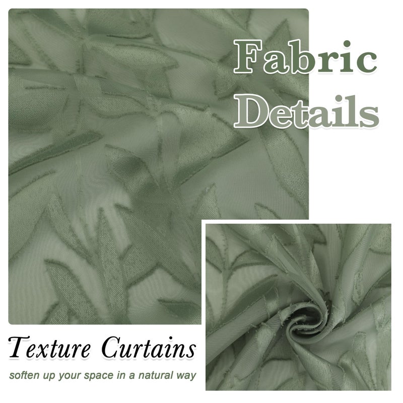 Lecloud Leia 36 Inch Sheer Curtains Sage Green Tiers for Kitchen 2 Pieces, Double Rod Pockets Window Living Room Curtain for Small Window, Jacquard Leaves Voile Bathroom/Bedroom Drapes, 38x36 Inches - Image 4