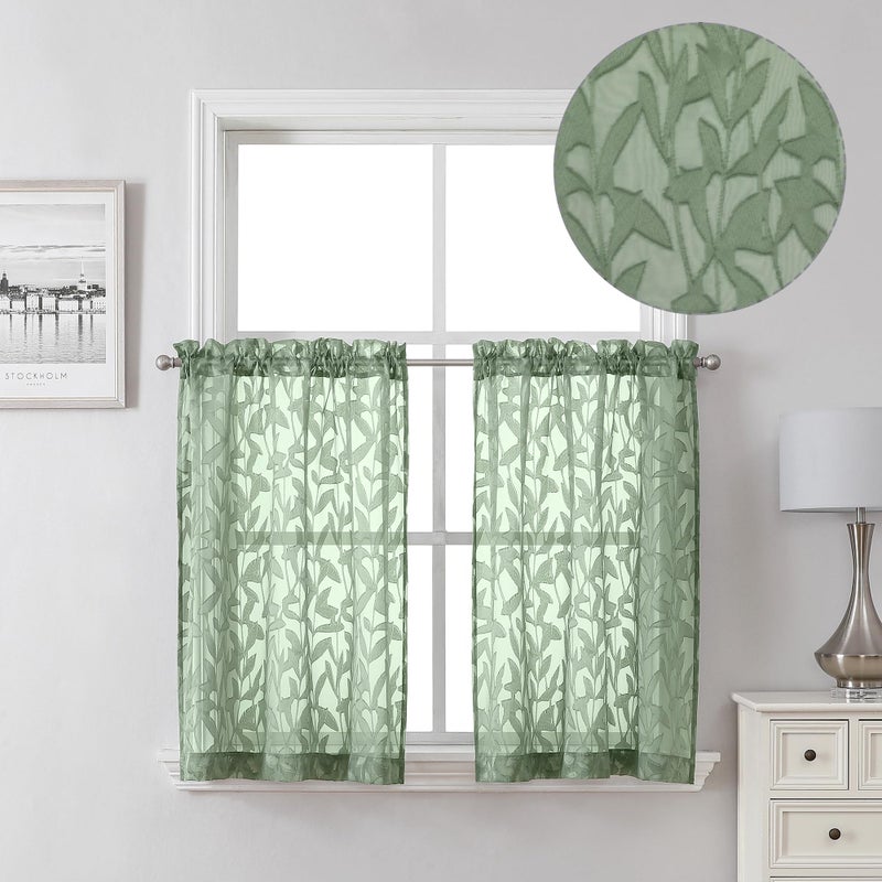 Lecloud Leia 36 Inch Sheer Curtains Sage Green Tiers for Kitchen 2 Pieces, Double Rod Pockets Window Living Room Curtain for Small Window, Jacquard Leaves Voile Bathroom/Bedroom Drapes, 38x36 Inches - Image 1