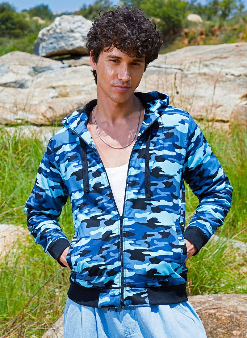 كامبوس سوترا Men's Blue Camouflage Hoodie With Insert Pocket  - Image 3
