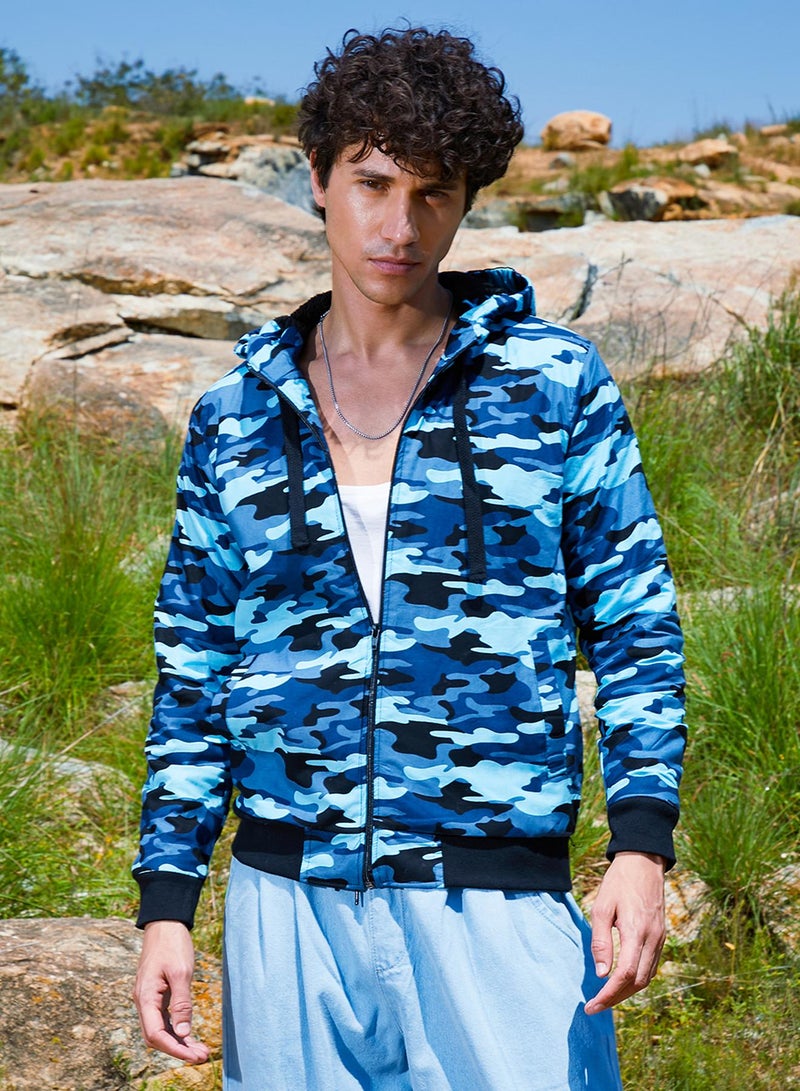 كامبوس سوترا Men's Blue Camouflage Hoodie With Insert Pocket  - Image 2