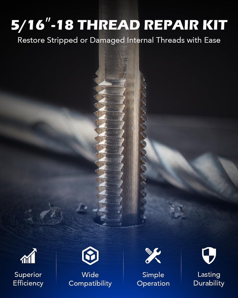 Orion Motor Tech مجموعة إصلاح خيوط Helicoil من Orion Motor Tech، مجموعة أدوات إصلاح الخيوط 5/16"-18 مع مثقاب HSS و30 إدراج خيوط، مجموعة تثبيت إصلاح الخيوط SAE لإعادة خيوط داخلية مع حقيبة حمل - Image 2