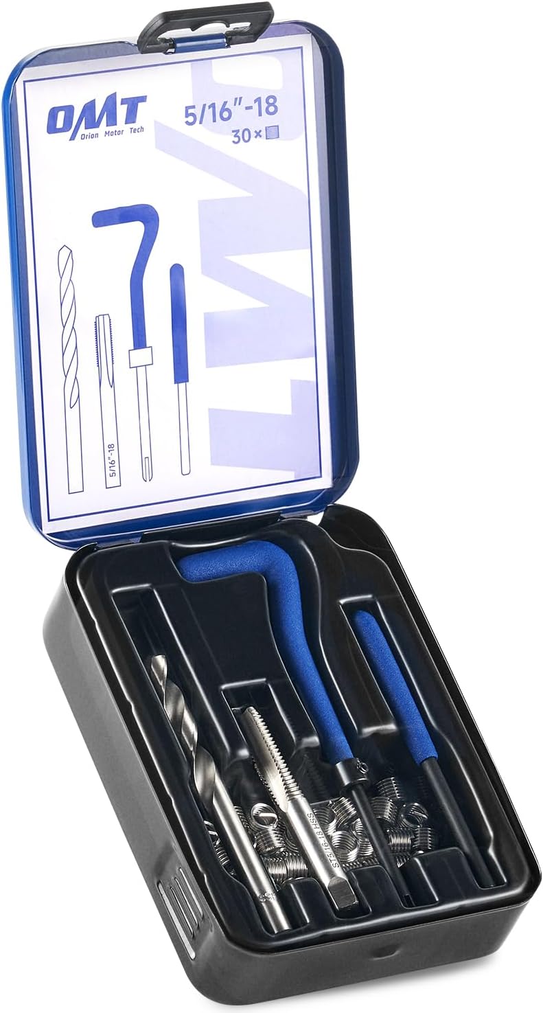 Orion Motor Tech مجموعة إصلاح خيوط Helicoil من Orion Motor Tech، مجموعة أدوات إصلاح الخيوط 5/16"-18 مع مثقاب HSS و30 إدراج خيوط، مجموعة تثبيت إصلاح الخيوط SAE لإعادة خيوط داخلية مع حقيبة حمل - Image 1