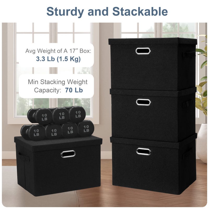 Graciadeco Large 17" 36 Quart Collapsible Stackable Storage Bins with Lids, 3 Packs Black Linen Fabric Closet Boxes with Lids, Storage Cube Baskets Container Organizers for Bedroom Office(17 x12 x11) - Image 4