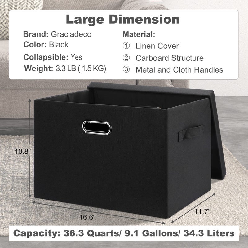 Graciadeco Large 17" 36 Quart Collapsible Stackable Storage Bins with Lids, 3 Packs Black Linen Fabric Closet Boxes with Lids, Storage Cube Baskets Container Organizers for Bedroom Office(17 x12 x11) - Image 2