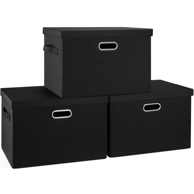 Graciadeco Large 17" 36 Quart Collapsible Stackable Storage Bins with Lids, 3 Packs Black Linen Fabric Closet Boxes with Lids, Storage Cube Baskets Container Organizers for Bedroom Office(17 x12 x11) - Image 1