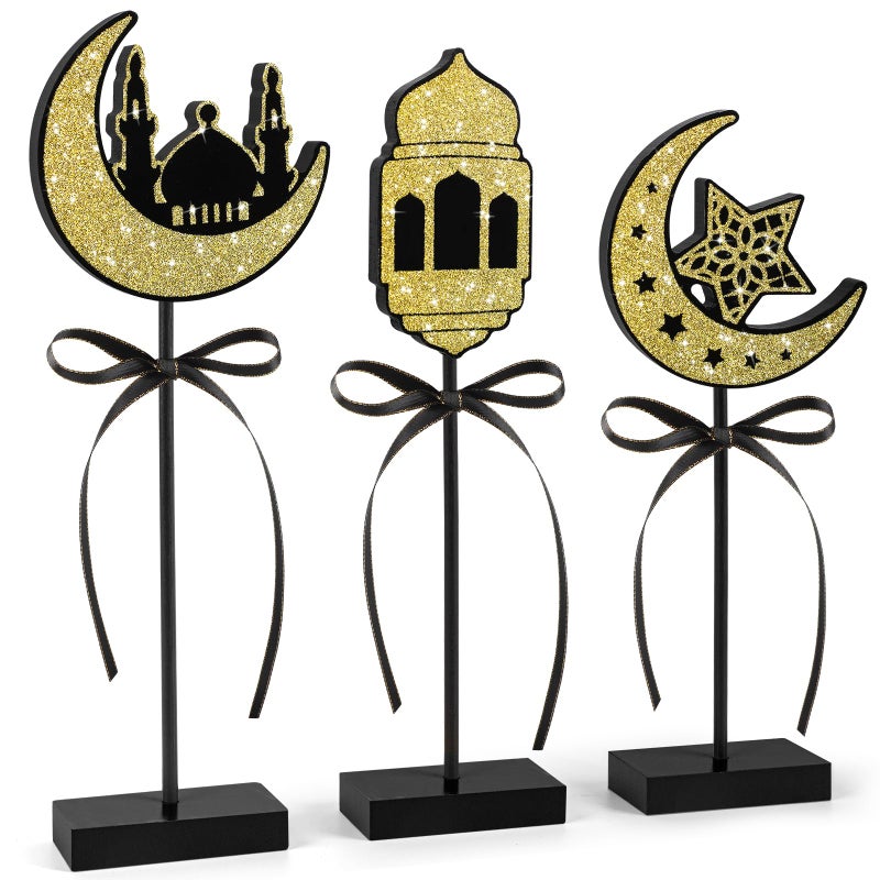 Hedeey 3 Pieces Ramadan Decorations Eid Mubarak Table Decor Wooden Set, Islamic Ramadan Tiered Tray Decor for Muslim Party Tabletop Decor Home (Shiny) - Image 1