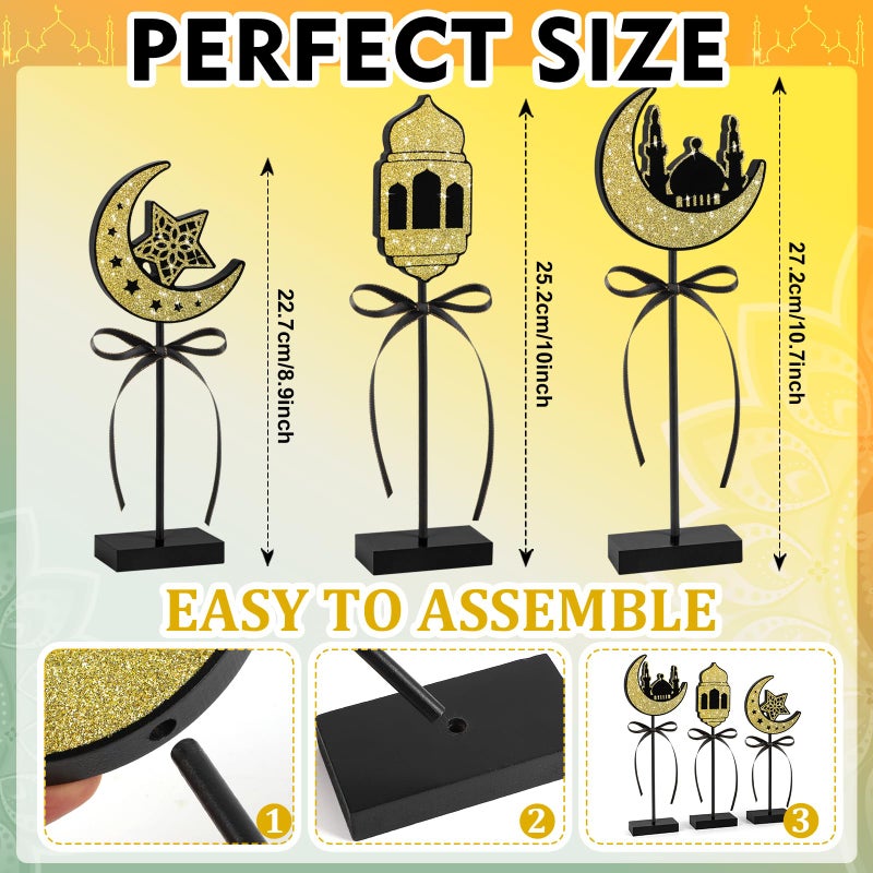 Hedeey 3 Pieces Ramadan Decorations Eid Mubarak Table Decor Wooden Set, Islamic Ramadan Tiered Tray Decor for Muslim Party Tabletop Decor Home (Shiny) - Image 3