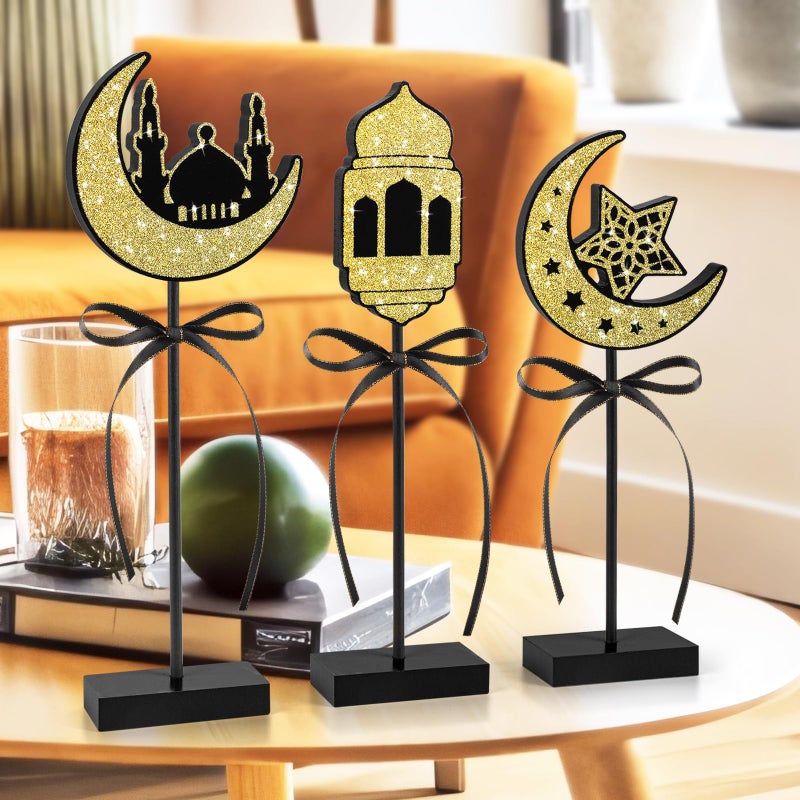 Hedeey 3 Pieces Ramadan Decorations Eid Mubarak Table Decor Wooden Set, Islamic Ramadan Tiered Tray Decor for Muslim Party Tabletop Decor Home (Shiny) - Image 2
