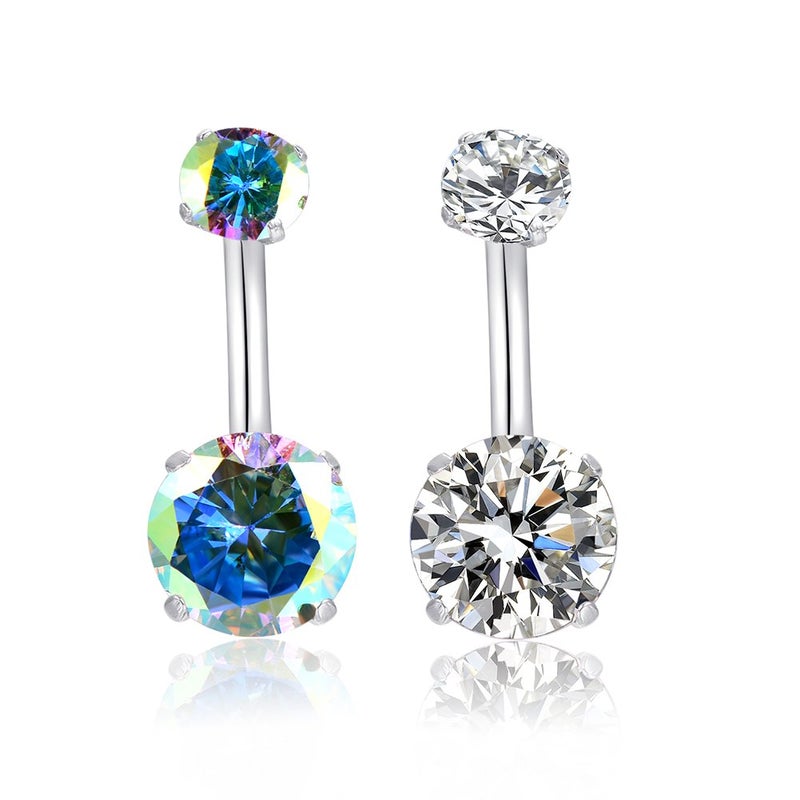 HQLA 14G Belly Button Rings Surgical Stainless Steel Round Cubic Zirconia Navel Barbell Stud Body Piercing (Clear + AB Colour) - Image 1