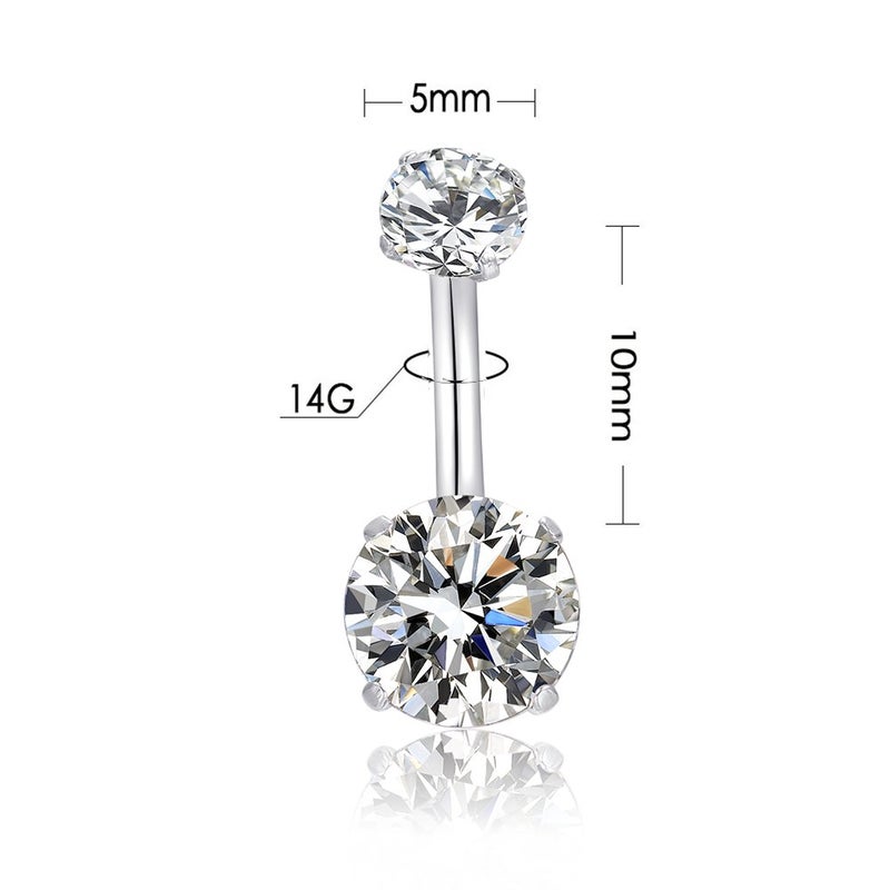 HQLA 14G Belly Button Rings Surgical Stainless Steel Round Cubic Zirconia Navel Barbell Stud Body Piercing (Clear + AB Colour) - Image 2