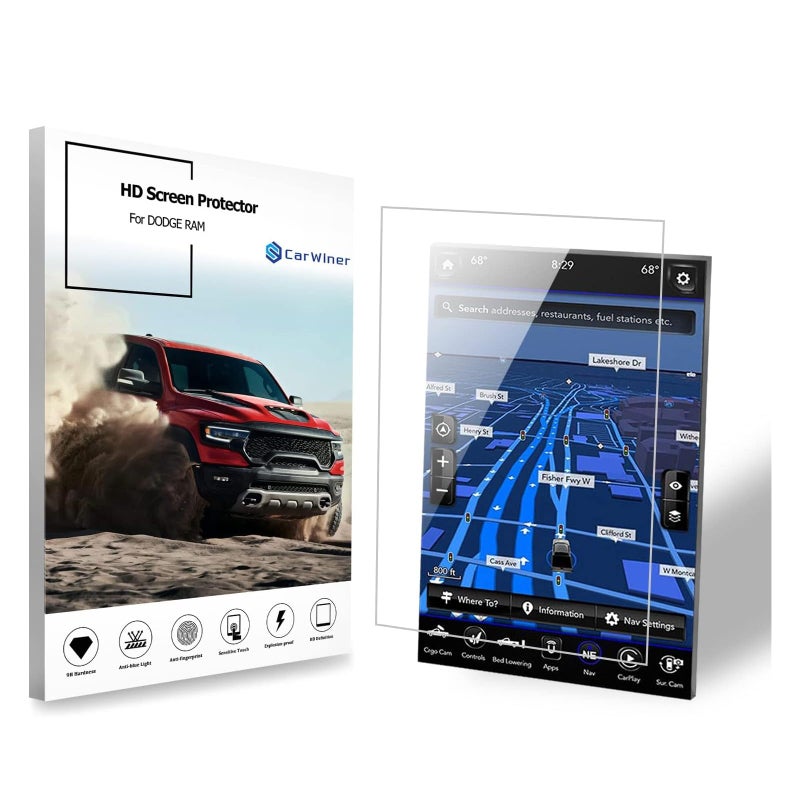 Carwiner Compatible with Dodge Ram HD Screen Protector 12 Inch 2019-2026 1500 2500 3500 Anti Glare Fingerprint Navigation Protection Tempered Glass Accessories (HD) - Image 1