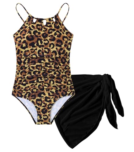 Cuddomper Girls Swimsiut Size 11-12 Leopard Cheetah Teen One-Piece Bathing Suit with Black Mesh Cover Ups Adjustable Straps Cut Out Swimwear - Image 1