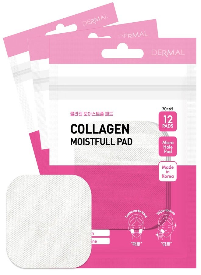 DERMAL Collagen Moistfull Toner Pad - Korean Toner Pad for Elasticity & Wrinkle Improvement with Peptides - Travel Kit 12 Pads, 3 Pack (Total 36 Pads) - Image 1