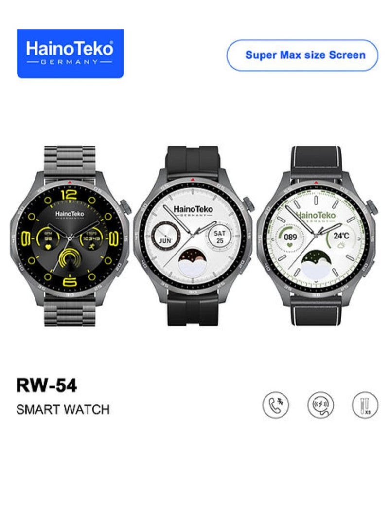 Haino Teko RW 54 Round Screen Super Size AMOLED Display Smart Watch With 3 Pair Straps and Wireless Charger Black - Image 1