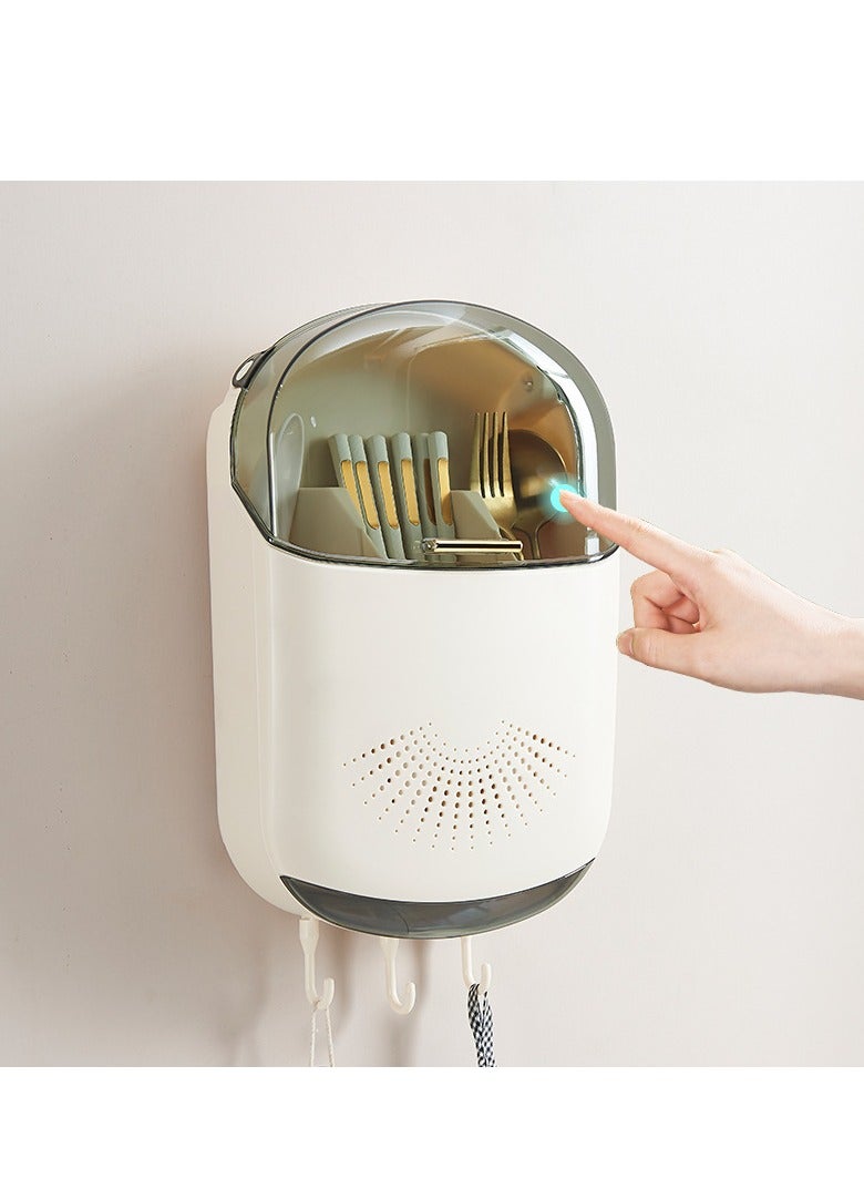 general Wall-mounted kitchen utensils rack with lid, multifunctional cage for dust-proof drain stick, 3 compartments, cutlery drying rack - Image 3