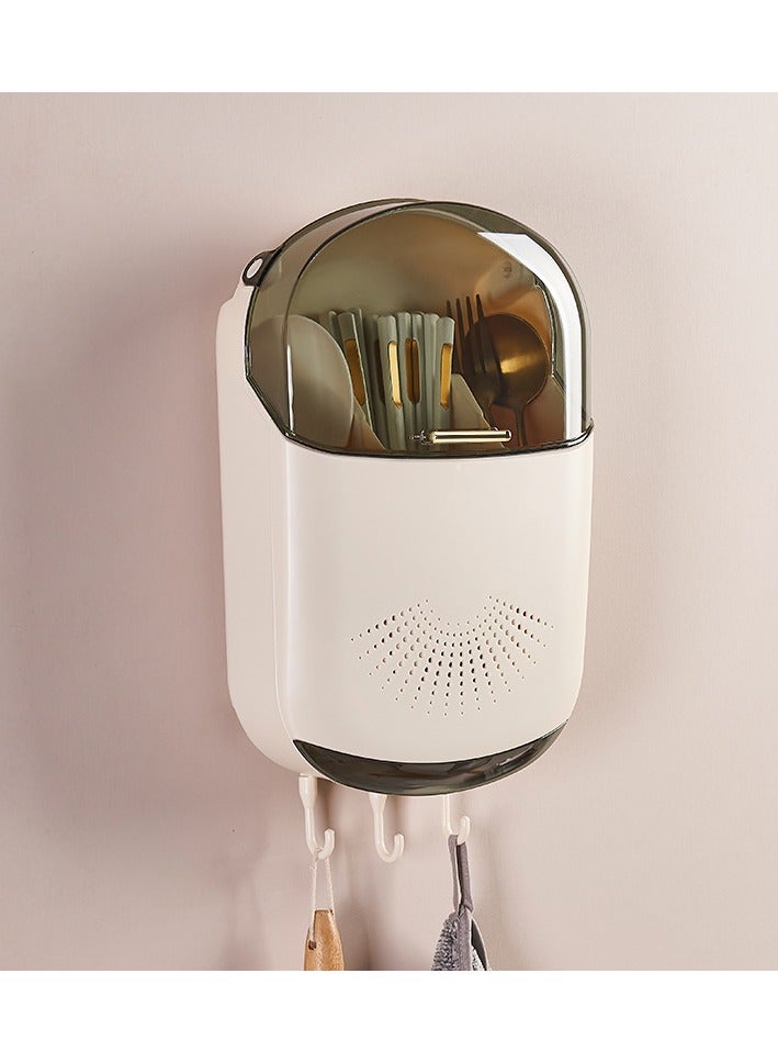 general Wall-mounted kitchen utensils rack with lid, multifunctional cage for dust-proof drain stick, 3 compartments, cutlery drying rack - Image 2