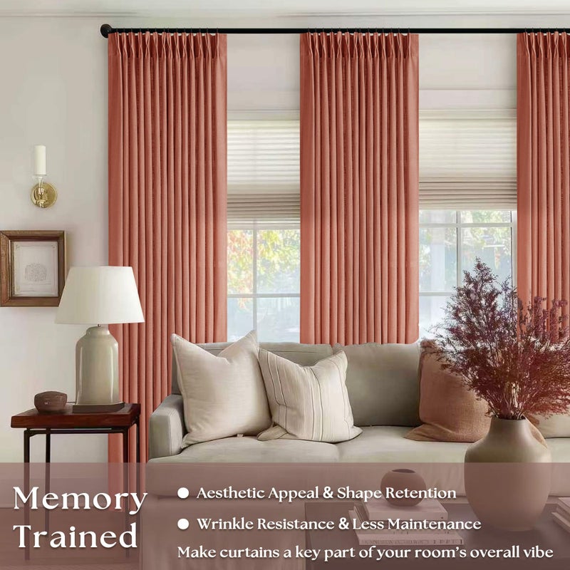 TWODRAPES ستائر كتان تيراكوتا مطوية بطول 84 بوصة مكونة من لوحتين لغرفة المعيشة وتناول الطعام مع ثنيات خلفية لعلامة التبويب الخفيفة تصفية مزرعة بوهو ريترو ستارة النافذة ستائر طين أحمر لخريف الخريف ديكور - Image 2