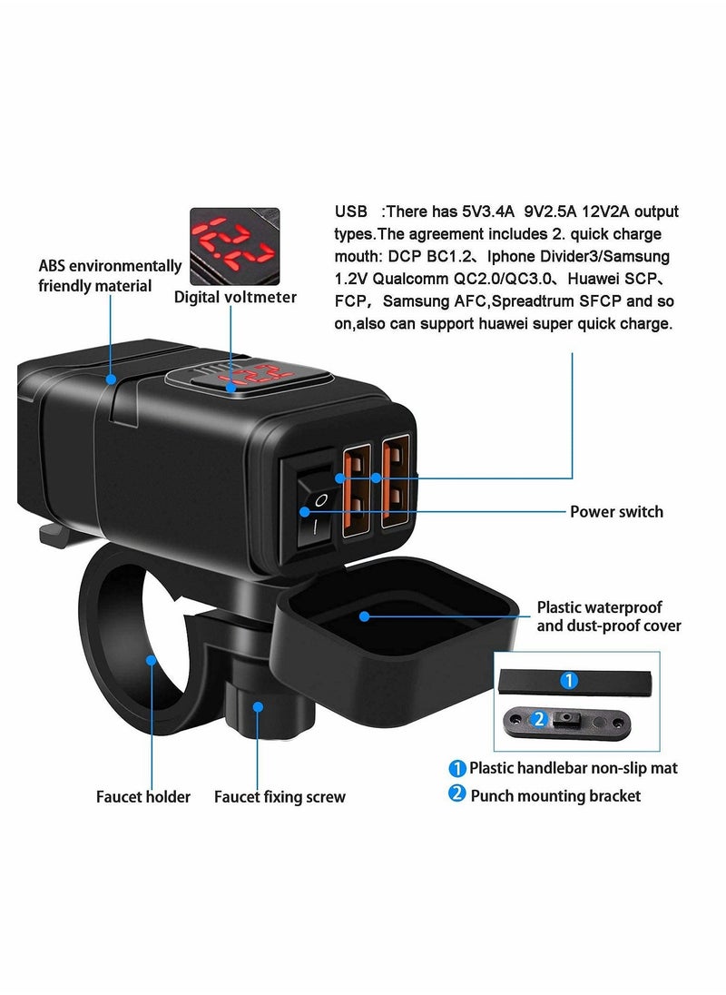 شاحن هاتف USB للدراجات النارية 6.8A، شحن سريع QC3.0 مزدوج المنفذ، محول SAE إلى USB مع فولت متر وزر تشغيل/إيقاف، فيوز مقاوم للماء، قابس فصل سريع للهواتف الذكية والأجهزة اللوحية ونظام تحديد المواقع على مقود 7/8 بوصة - Image 3