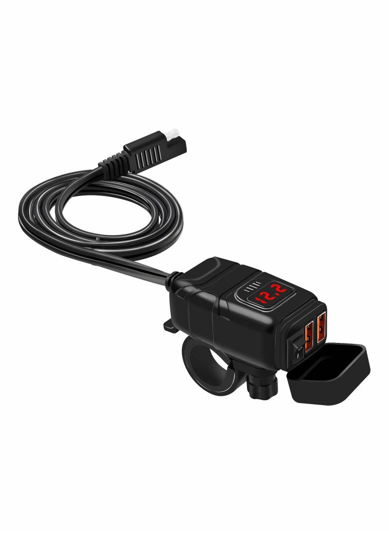 شاحن هاتف USB للدراجات النارية 6.8A، شحن سريع QC3.0 مزدوج المنفذ، محول SAE إلى USB مع فولت متر وزر تشغيل/إيقاف، فيوز مقاوم للماء، قابس فصل سريع للهواتف الذكية والأجهزة اللوحية ونظام تحديد المواقع على مقود 7/8 بوصة - Image 1