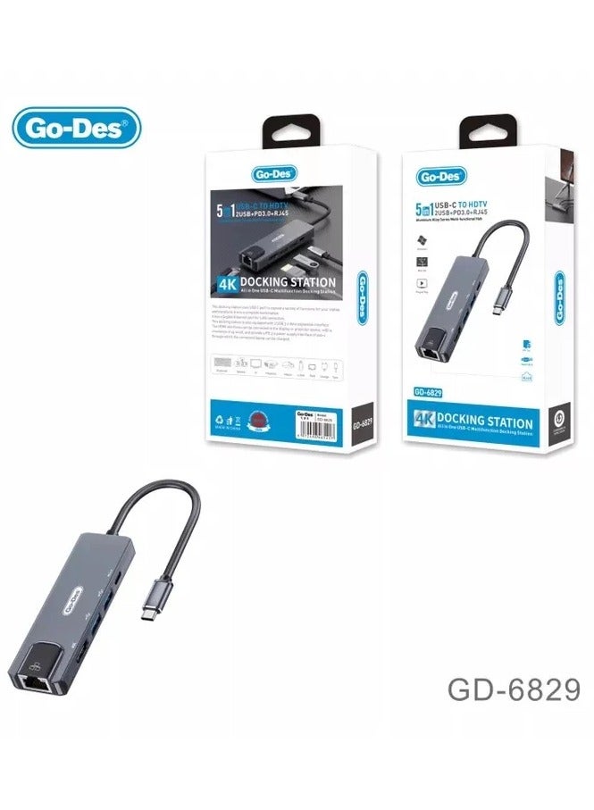 GO-DES 5 in 1 Type C to HDTV 2 USB +PD3.0+RJ45 4K high speed,3.0 data expansion interface 3.0 power supply interface of USB-C(GD-6829) - Image 1