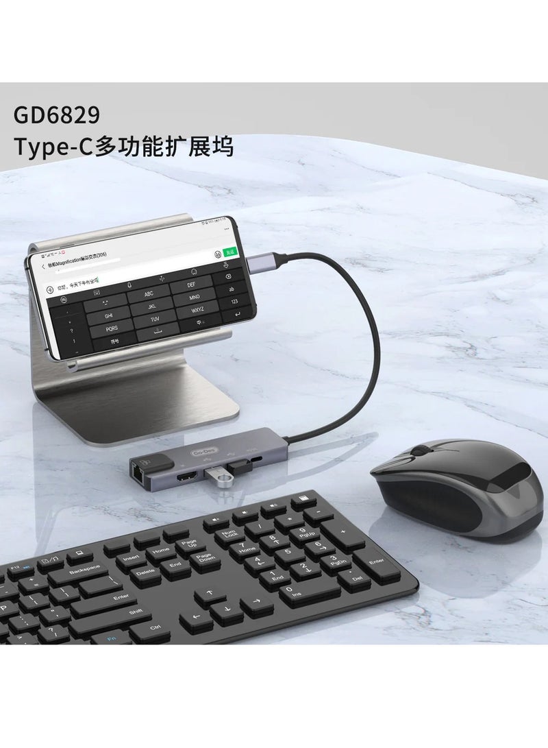 GO-DES 5 in 1 Type C to HDTV 2 USB +PD3.0+RJ45 4K high speed,3.0 data expansion interface 3.0 power supply interface of USB-C(GD-6829) - Image 5