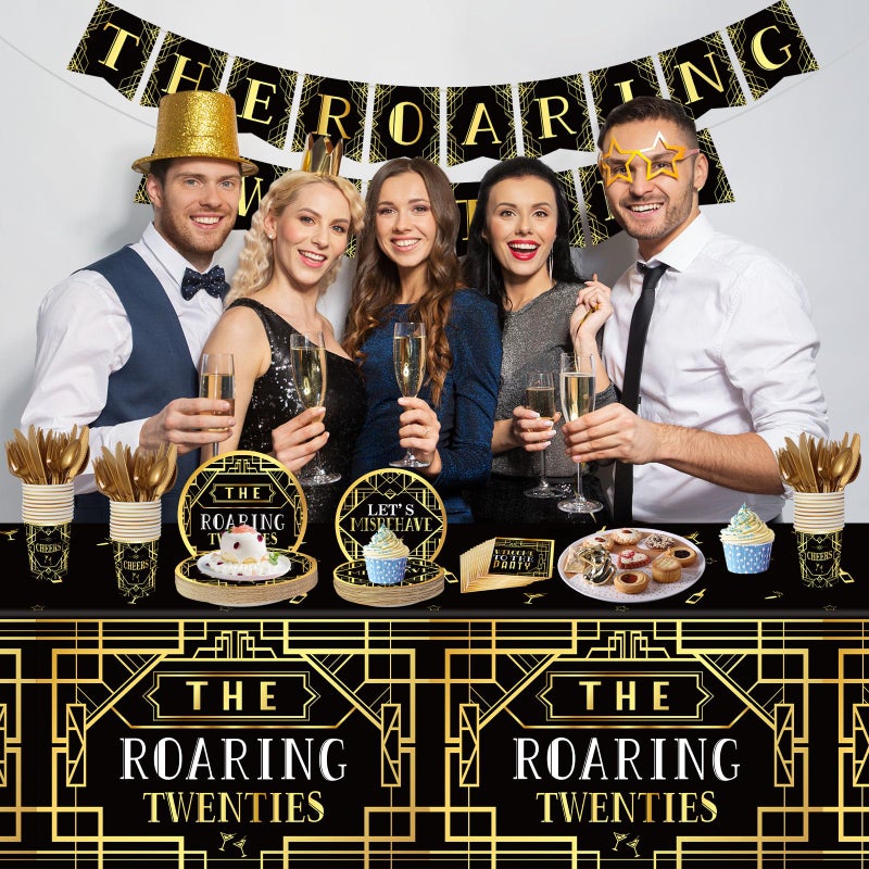 ABURRORI 188 Pcs Roaring 1920'S Party Tableware Set  24 Guests Black And Gold Birthday Party Tablecloth Dinner Plates Dessert Plates Cups And Napkins For Speakeasy 1920S Vintage Wedding Party Supplies - Image 5