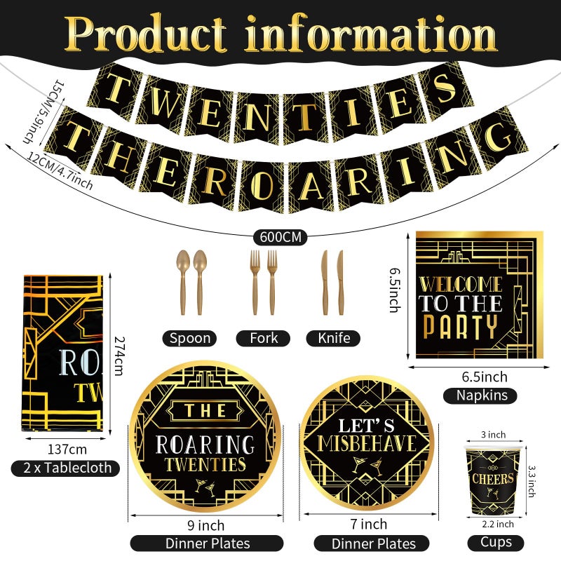 ABURRORI 188 Pcs Roaring 1920'S Party Tableware Set  24 Guests Black And Gold Birthday Party Tablecloth Dinner Plates Dessert Plates Cups And Napkins For Speakeasy 1920S Vintage Wedding Party Supplies - Image 2