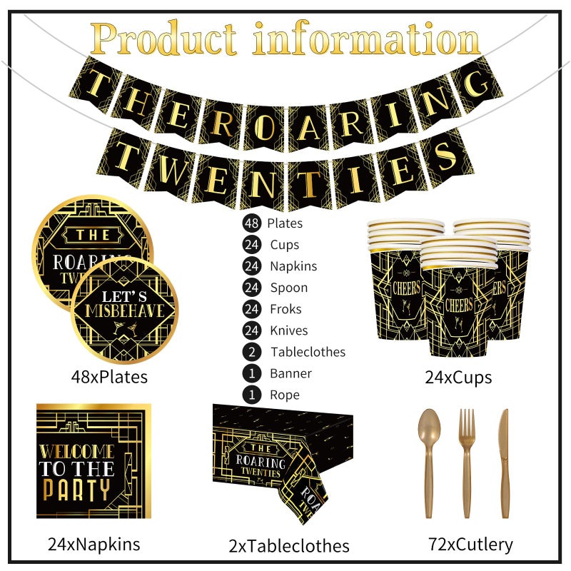 ABURRORI 188 Pcs Roaring 1920'S Party Tableware Set  24 Guests Black And Gold Birthday Party Tablecloth Dinner Plates Dessert Plates Cups And Napkins For Speakeasy 1920S Vintage Wedding Party Supplies - Image 3