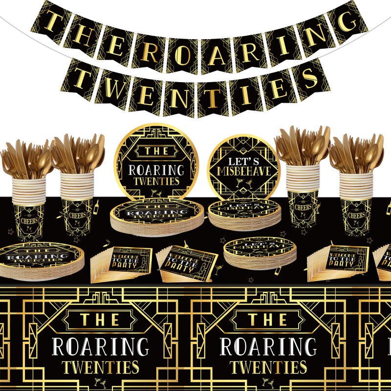 ABURRORI 188 Pcs Roaring 1920'S Party Tableware Set  24 Guests Black And Gold Birthday Party Tablecloth Dinner Plates Dessert Plates Cups And Napkins For Speakeasy 1920S Vintage Wedding Party Supplies - Image 1