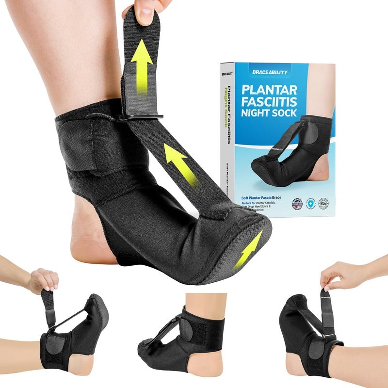 BraceAbility Plantar Fasciitis Night Splint Sock - Soft Plantar Fascia Boot for Sleeping, Achilles Tendonitis Relief, Foot Drop, Heel Pain - Planter Facetious Night Sling Brace for Women and Men (M) - Image 1